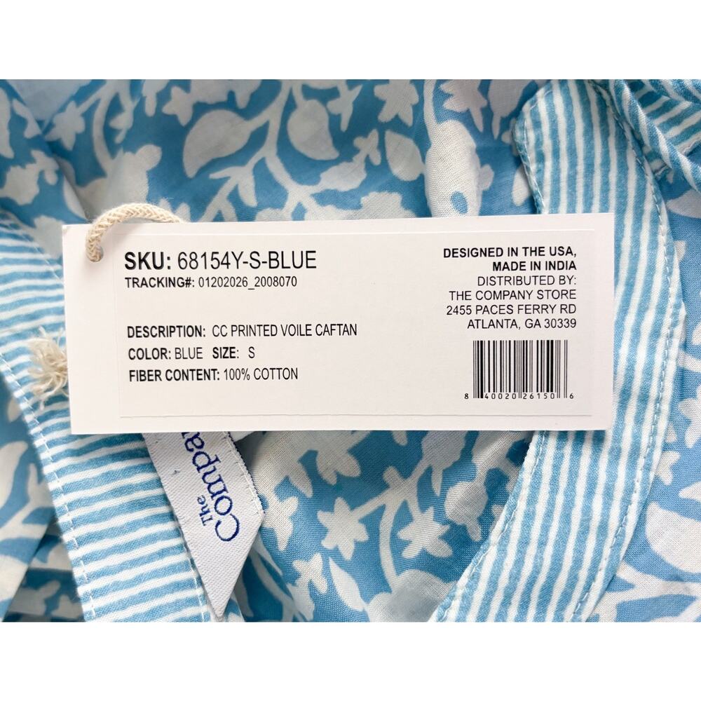 The Company Store Printed Blue Voile Caftan Midi Dress 100% Cotton Sz Small NWT - Picture 7 of 8